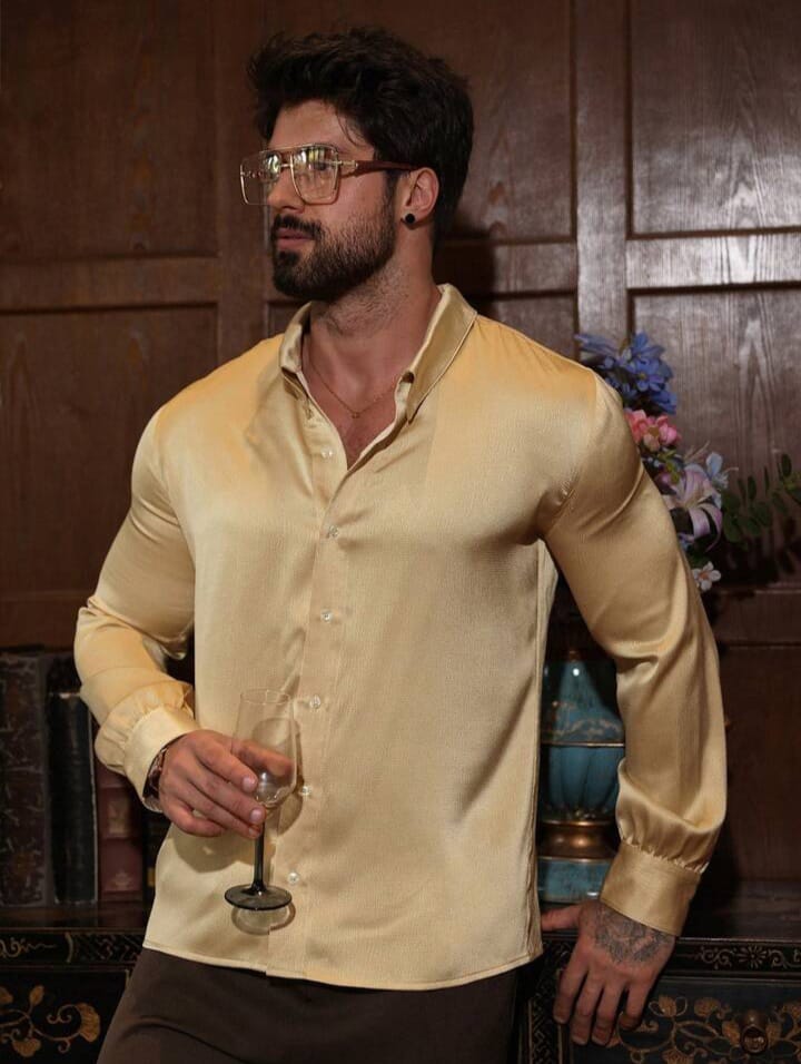 Apricot Glossy Casual Long Sleeve Shirt For Men